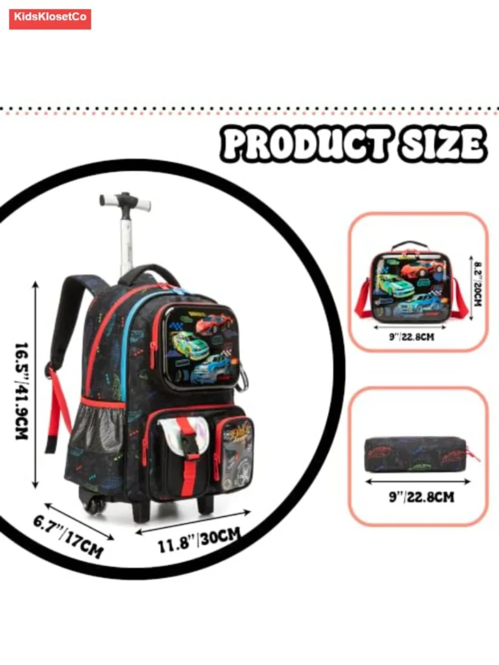 Kids Rolling Backpack with Wheels for Boys Girls, Lunch Bag & Pencil Case,